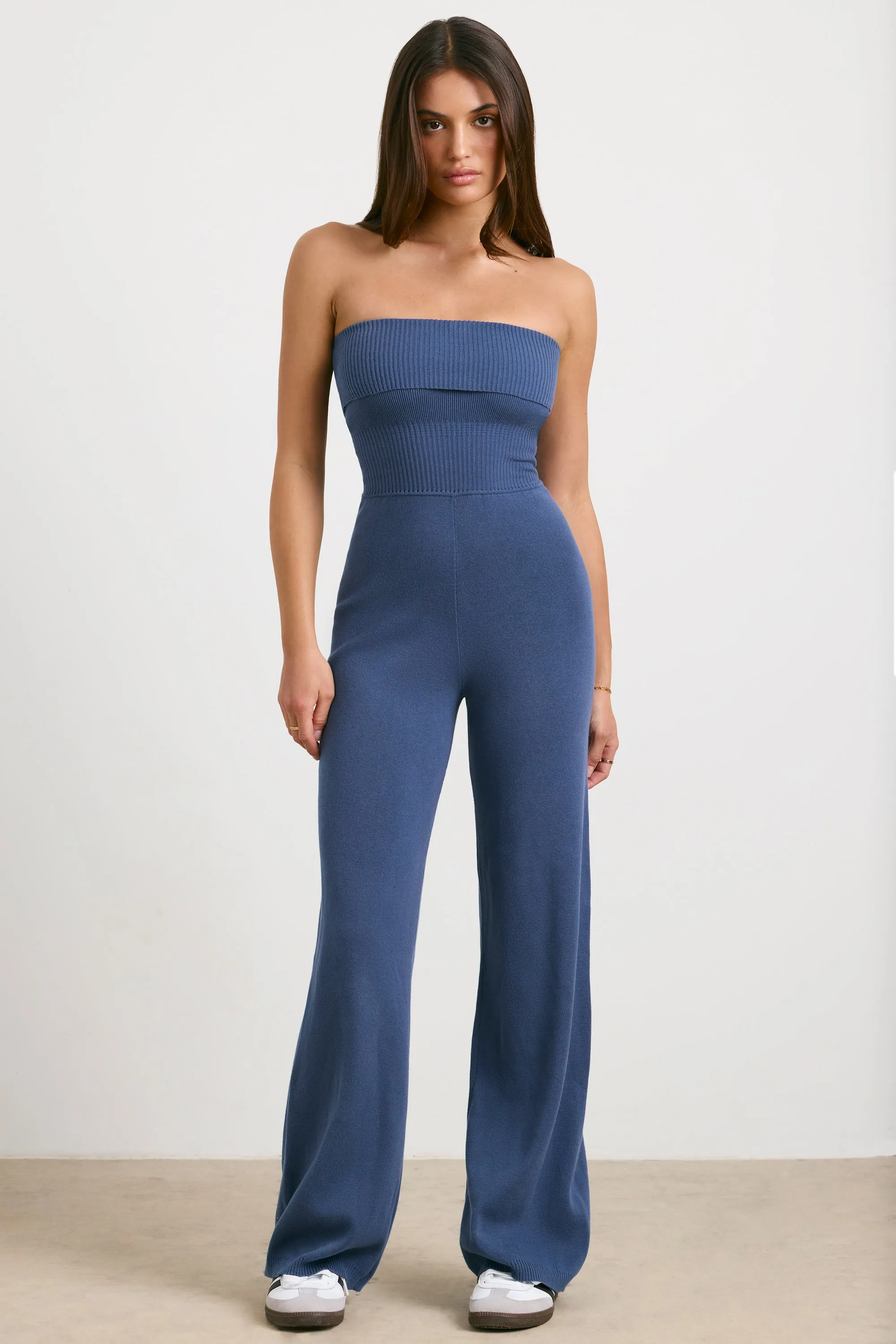 Timeless - Chunky Knit Kick Flare Unitard in Washed Navy