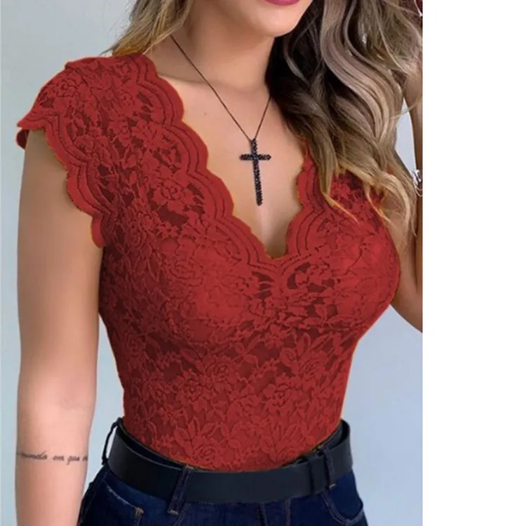 Urban Seduction Lace Cap Sleeve Scalloped Top