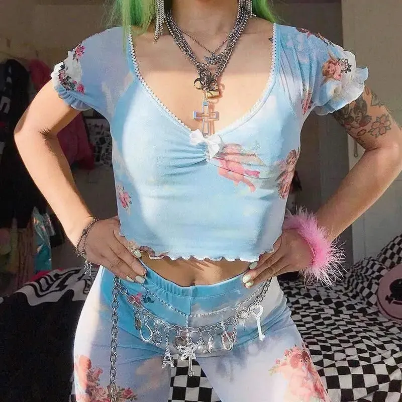 V-Neck Angel Cupid Print Crop Top