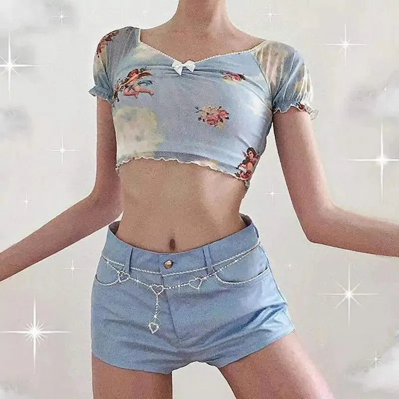V-Neck Angel Cupid Print Crop Top