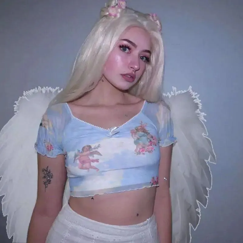 V-Neck Angel Cupid Print Crop Top