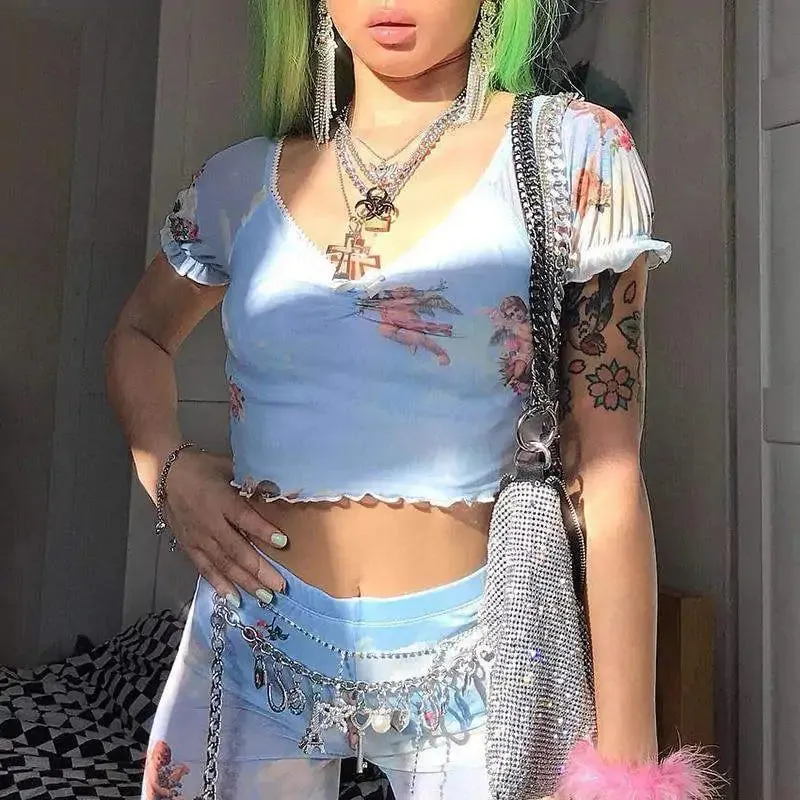 V-Neck Angel Cupid Print Crop Top