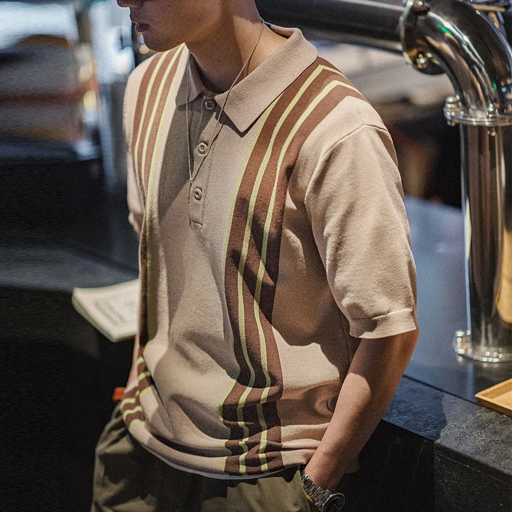Vintage Knitted Polo Bowling Shirts with Contrast Striped Lapel