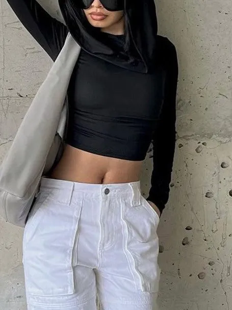 Vintage Wrinkled Hooded Long Sleeve Crop Top