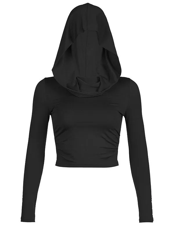 Vintage Wrinkled Hooded Long Sleeve Crop Top
