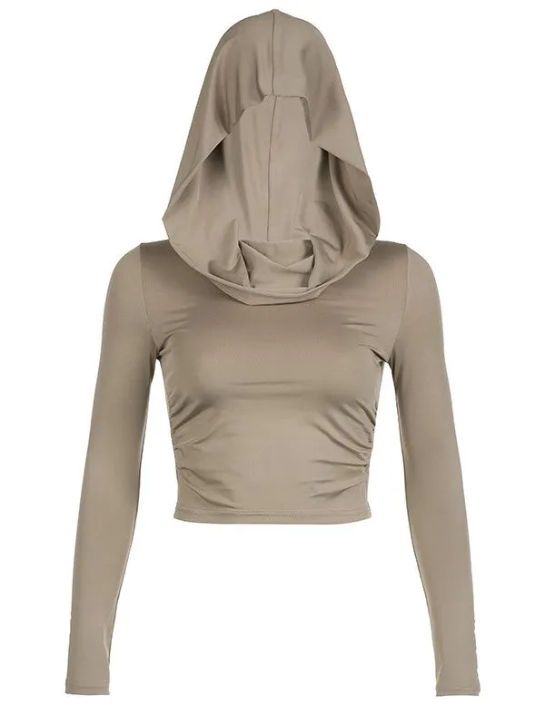 Vintage Wrinkled Hooded Long Sleeve Crop Top