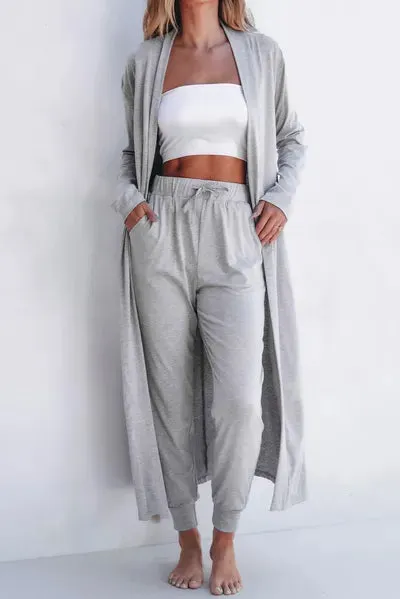 Violet Open Front Long Sleeve Cardigan and Pants Lounge Set