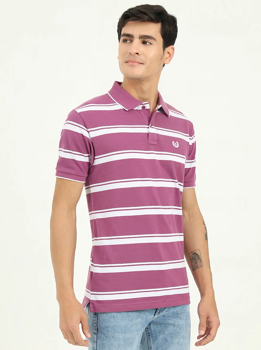 White & Lavender Striped Slim Fit Polo T-Shirt | Greenfibre
