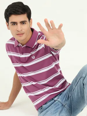 White & Lavender Striped Slim Fit Polo T-Shirt | Greenfibre