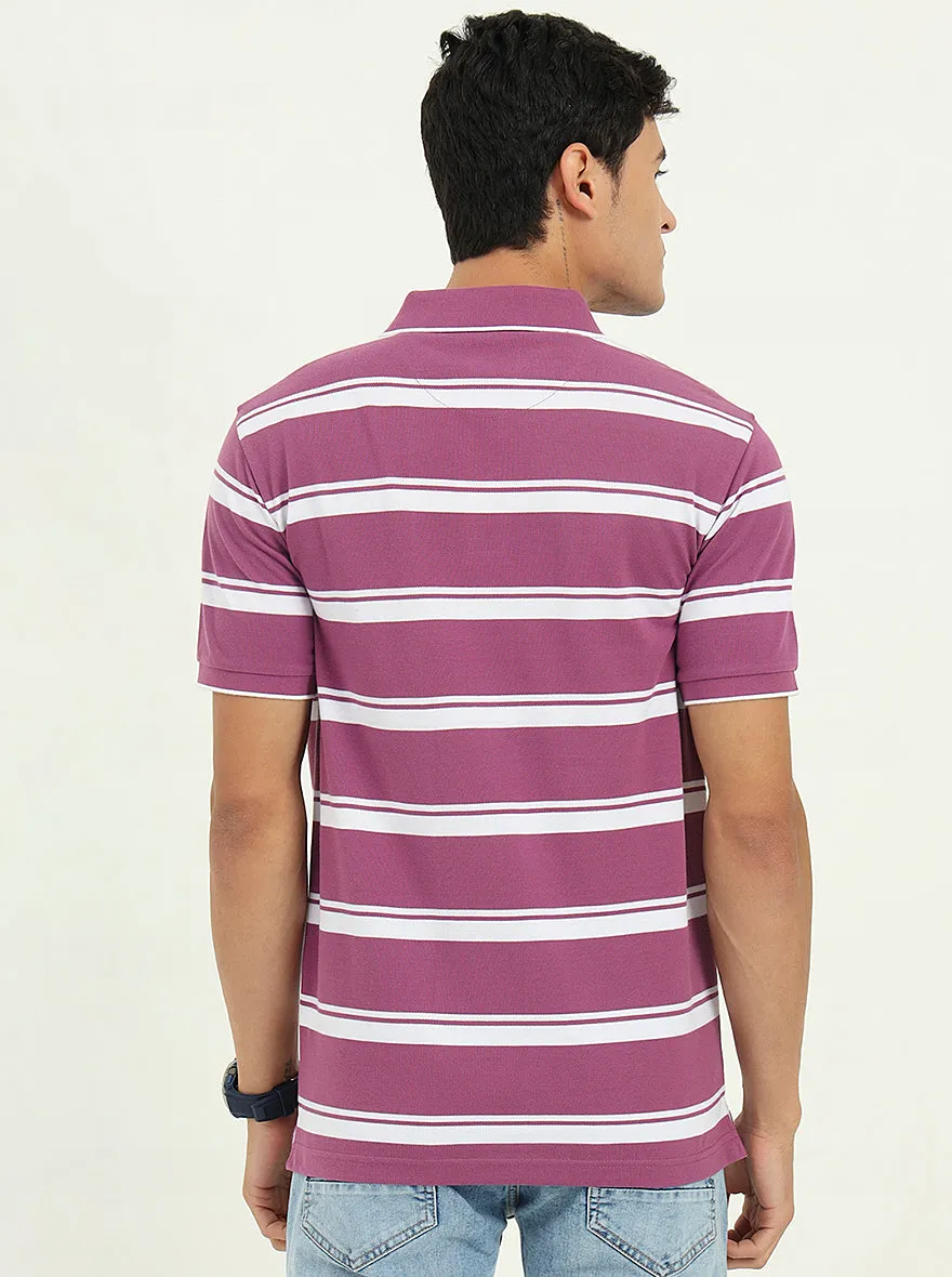 White & Lavender Striped Slim Fit Polo T-Shirt | Greenfibre