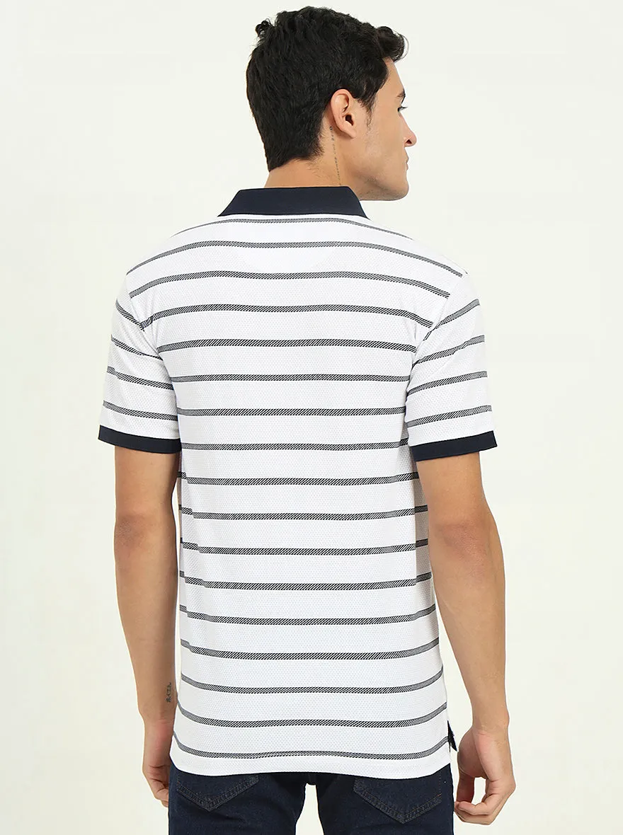 White & Navy Blue Striped Slim Fit Polo T-Shirt | Greenfibre