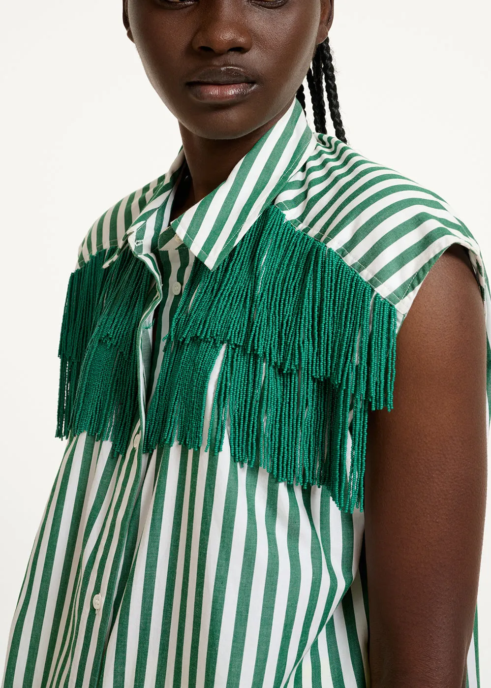 White and green striped shirt with beaded fringes