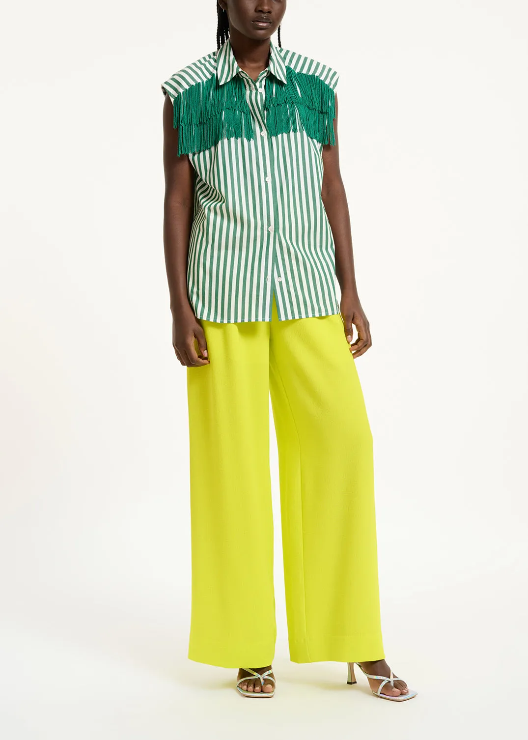 White and green striped shirt with beaded fringes