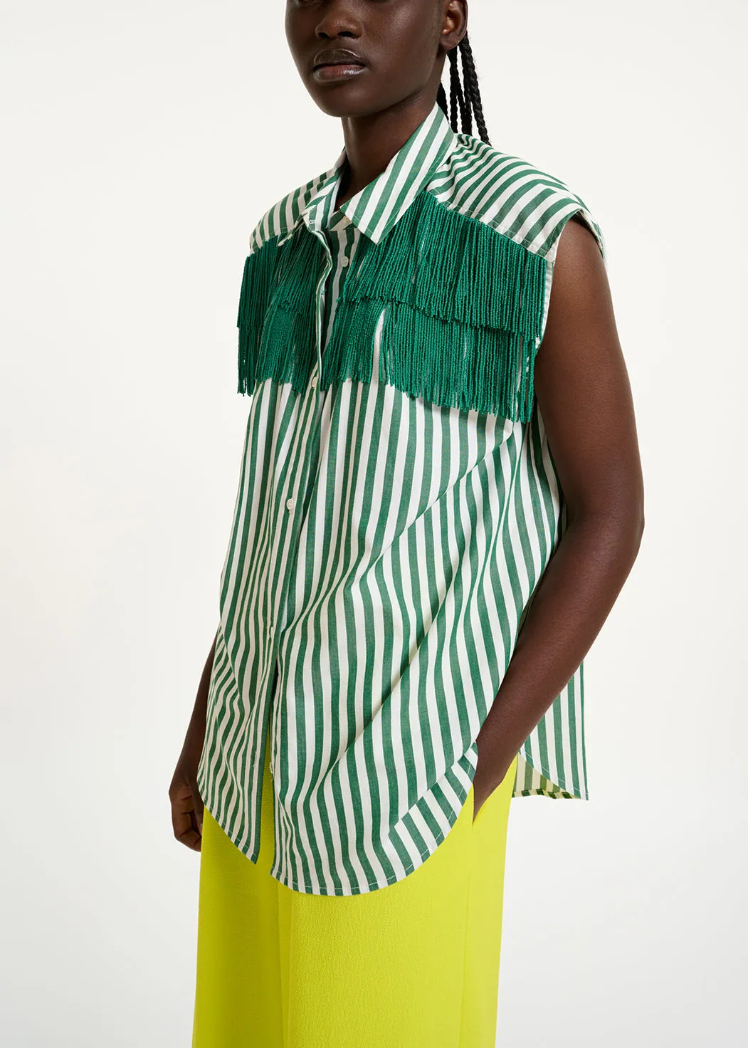 White and green striped shirt with beaded fringes