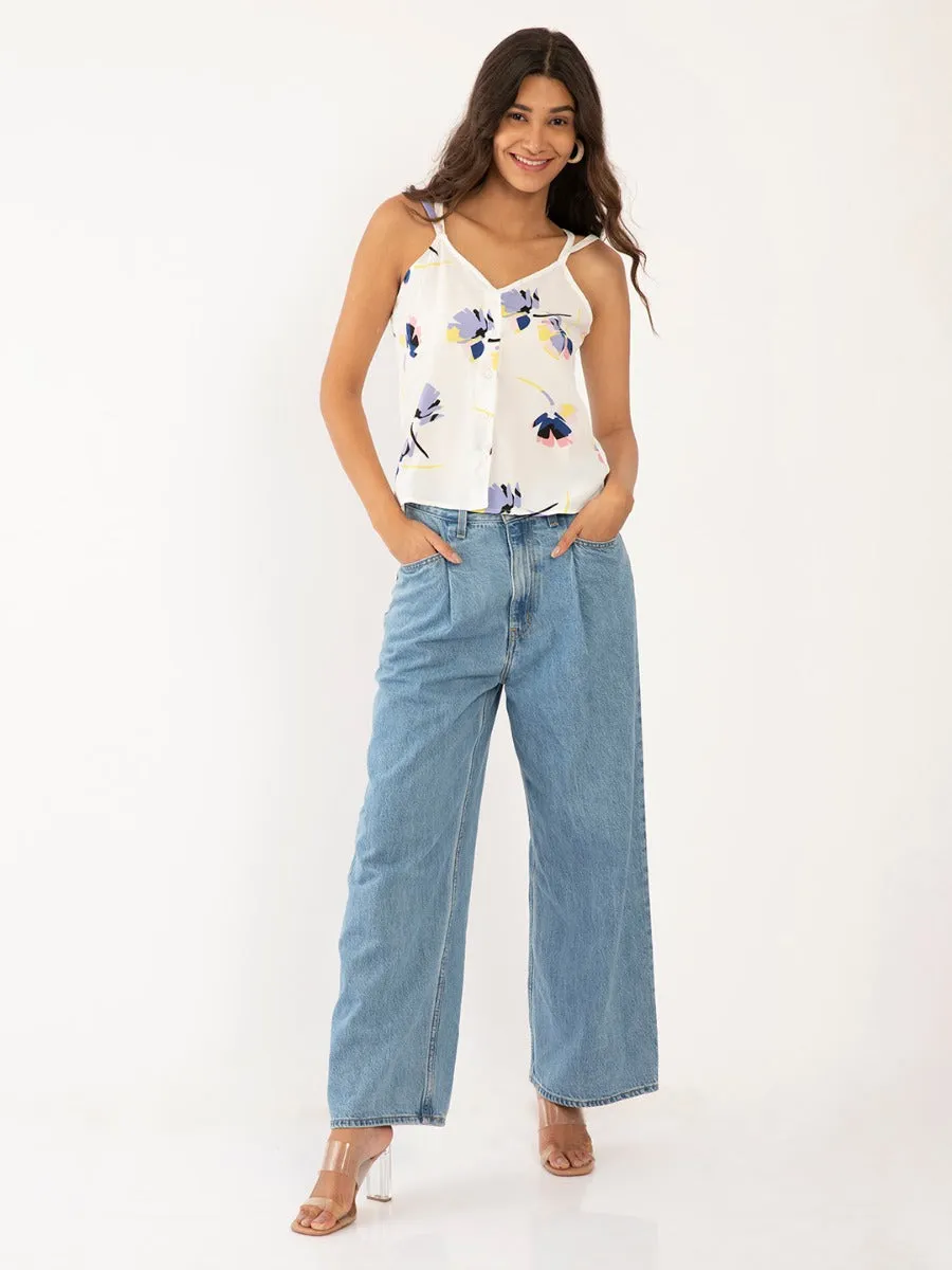 White Floral Print Strappy Top