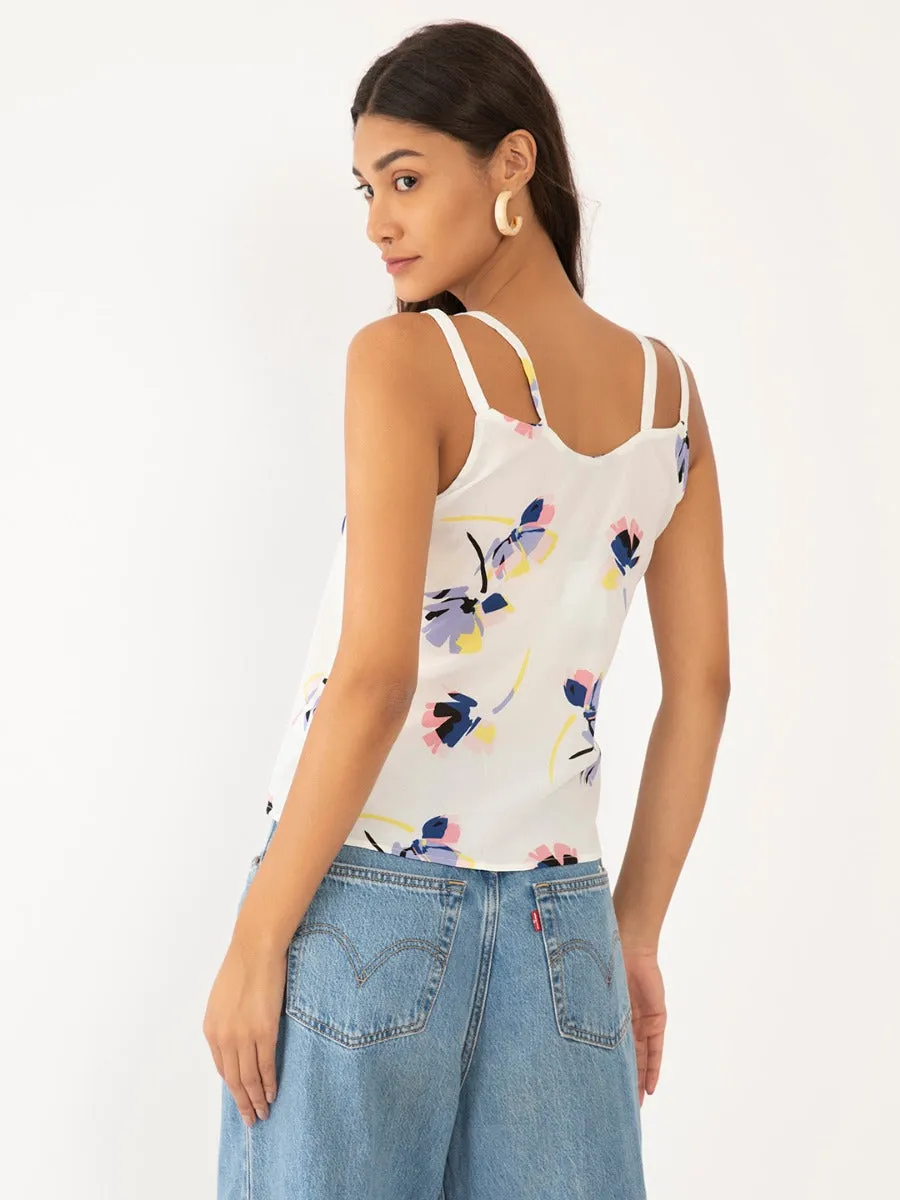 White Floral Print Strappy Top