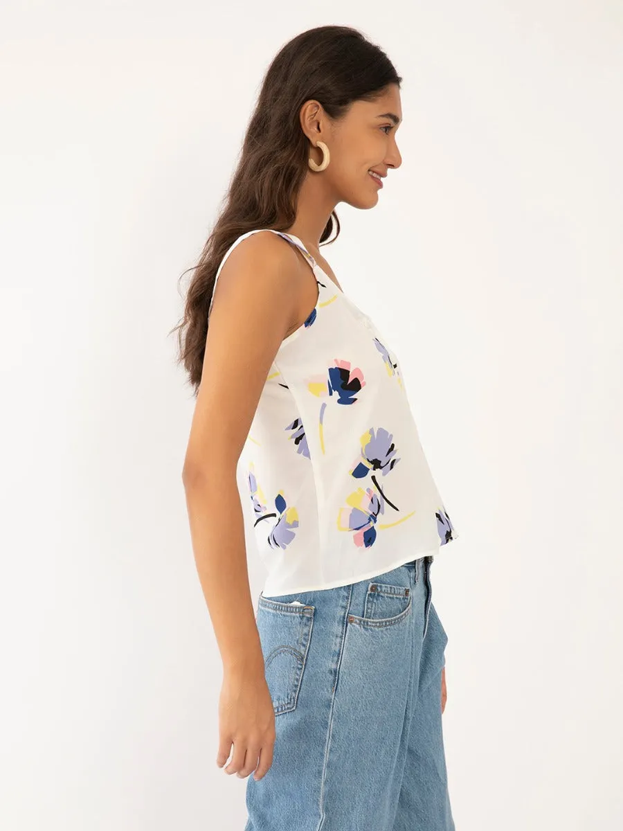 White Floral Print Strappy Top