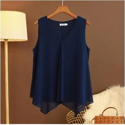 Women Chiffon Blouses Ladies Tops Loose Sleeveless V Neck Shirt Blusas Femininas Plus Size