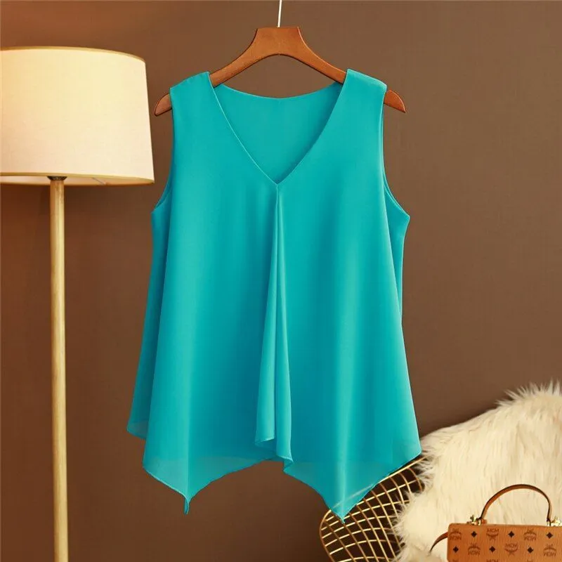 Women Chiffon Blouses Ladies Tops Loose Sleeveless V Neck Shirt Blusas Femininas Plus Size