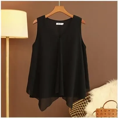 Women Chiffon Blouses Ladies Tops Loose Sleeveless V Neck Shirt Blusas Femininas Plus Size