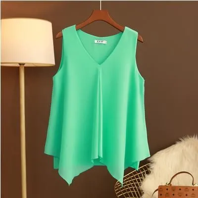 Women Chiffon Blouses Ladies Tops Loose Sleeveless V Neck Shirt Blusas Femininas Plus Size