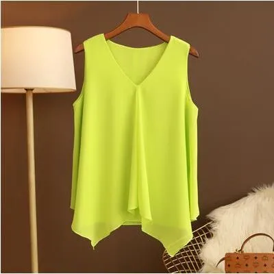 Women Chiffon Blouses Ladies Tops Loose Sleeveless V Neck Shirt Blusas Femininas Plus Size