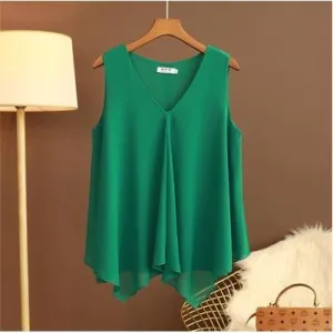Women Chiffon Blouses Ladies Tops Loose Sleeveless V Neck Shirt Blusas Femininas Plus Size