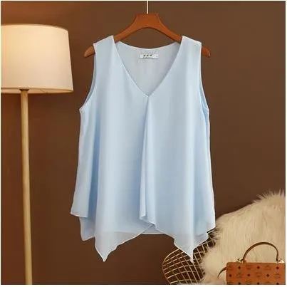 Women Chiffon Blouses Ladies Tops Loose Sleeveless V Neck Shirt Blusas Femininas Plus Size