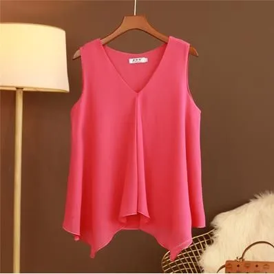 Women Chiffon Blouses Ladies Tops Loose Sleeveless V Neck Shirt Blusas Femininas Plus Size