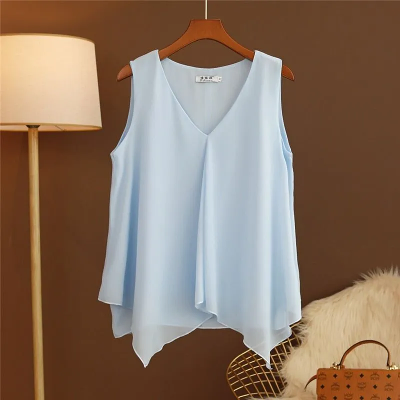 Women Chiffon Blouses Ladies Tops Loose Sleeveless V Neck Shirt Blusas Femininas Plus Size