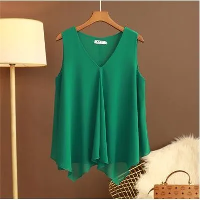 Women Chiffon Blouses Ladies Tops Loose Sleeveless V Neck Shirt Blusas Femininas Plus Size