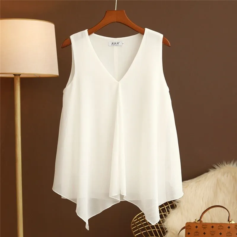 Women Chiffon Blouses Ladies Tops Loose Sleeveless V Neck Shirt Blusas Femininas Plus Size