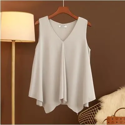 Women Chiffon Blouses Ladies Tops Loose Sleeveless V Neck Shirt Blusas Femininas Plus Size