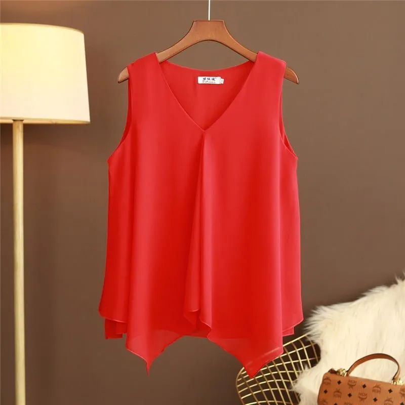 Women Chiffon Blouses Ladies Tops Loose Sleeveless V Neck Shirt Blusas Femininas Plus Size
