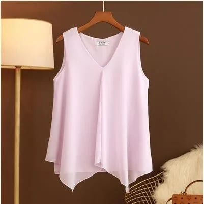 Women Chiffon Blouses Ladies Tops Loose Sleeveless V Neck Shirt Blusas Femininas Plus Size