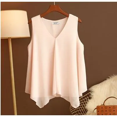 Women Chiffon Blouses Ladies Tops Loose Sleeveless V Neck Shirt Blusas Femininas Plus Size