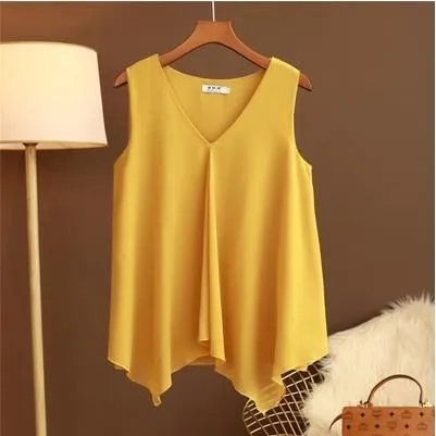 Women Chiffon Blouses Ladies Tops Loose Sleeveless V Neck Shirt Blusas Femininas Plus Size