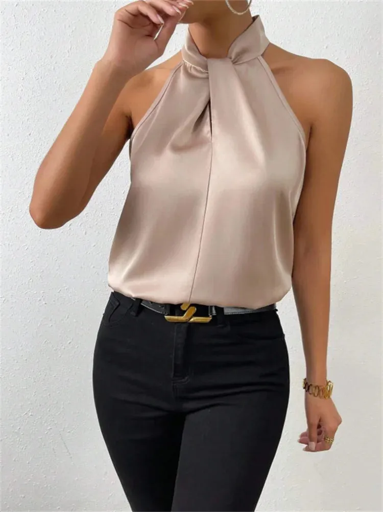 Women Summer Style Blouses Shirts Lady Casual Sleeveless Stand Collar Elegant Blouse Tops