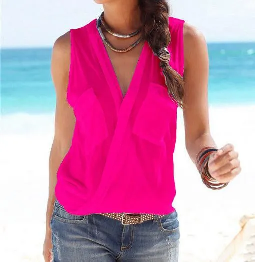 Womens Blouses Sleeveless Double Pocket Shirts V Neck Tops Casual Fashion Blouse