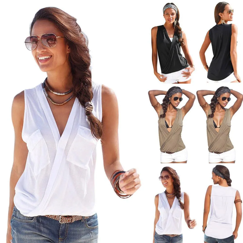 Womens Blouses Sleeveless Double Pocket Shirts V Neck Tops Casual Fashion Blouse