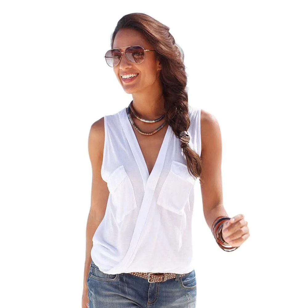 Womens Blouses Sleeveless Double Pocket Shirts V Neck Tops Casual Fashion Blouse