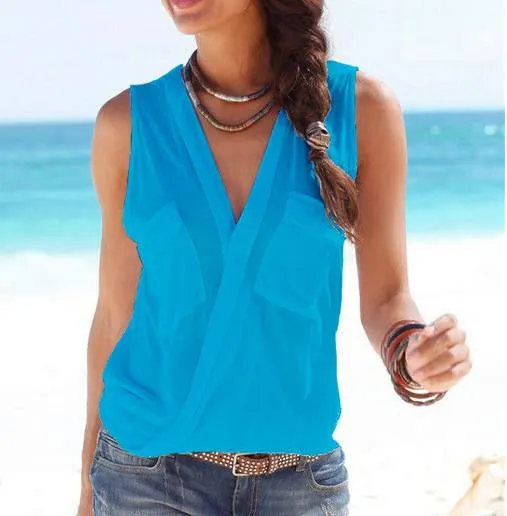 Womens Blouses Sleeveless Double Pocket Shirts V Neck Tops Casual Fashion Blouse