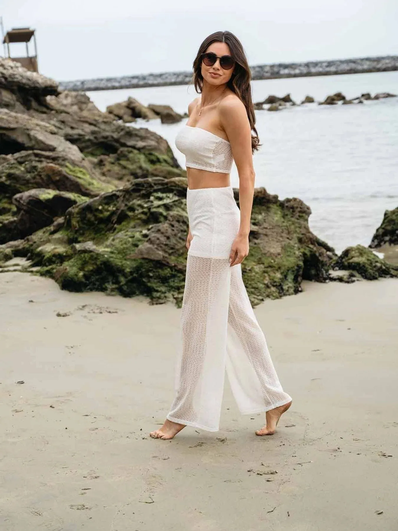 Womens crop tube top and wide leg pants 2pc set