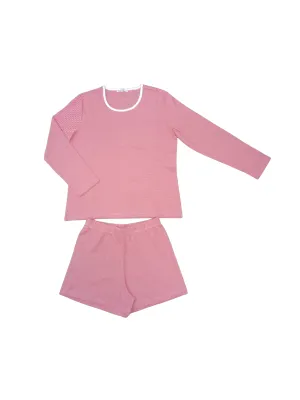 Women's Holiday Pima Long Sleeve Short Set | Red Mini Stripe