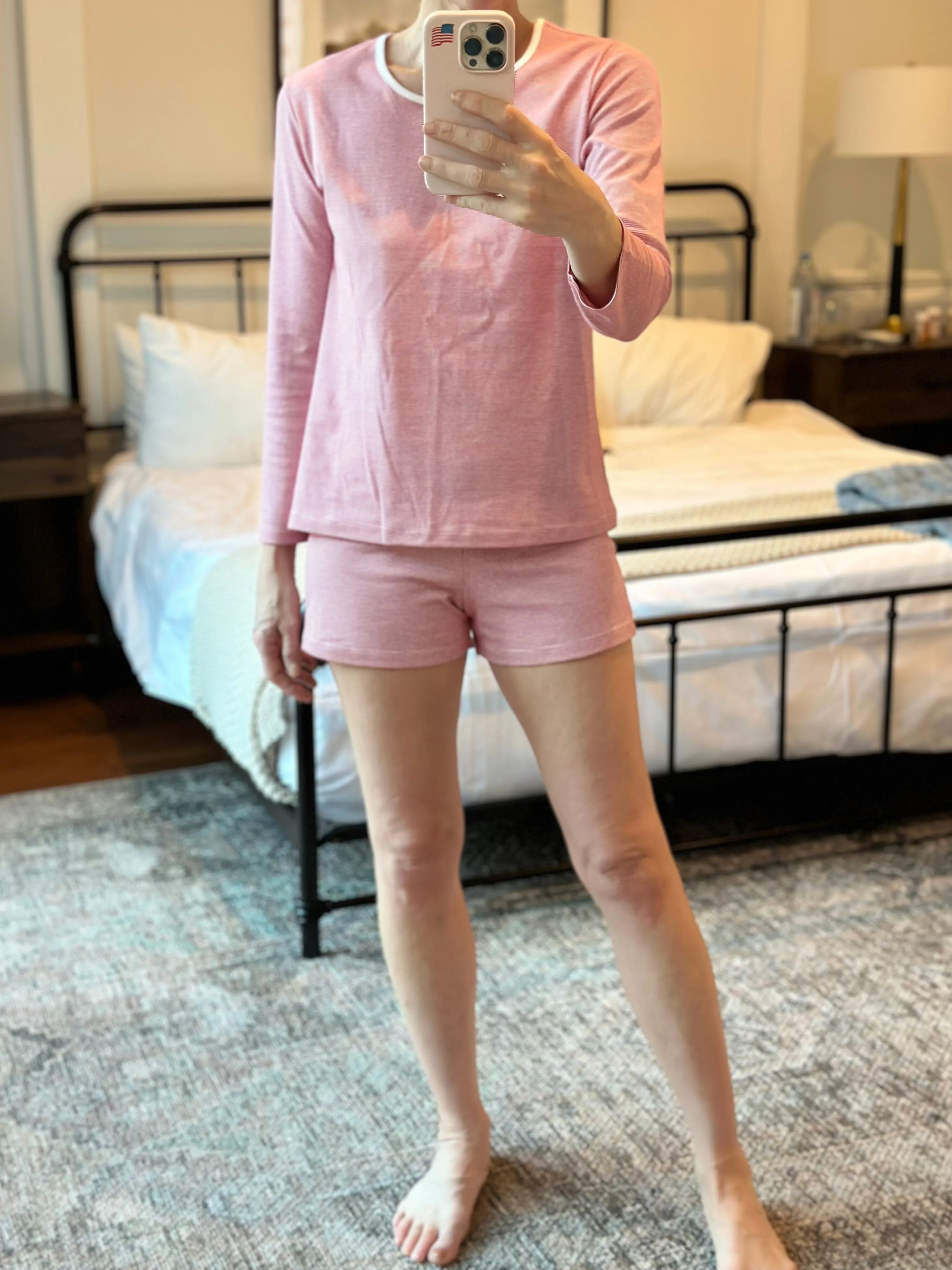 Women's Holiday Pima Long Sleeve Short Set | Red Mini Stripe