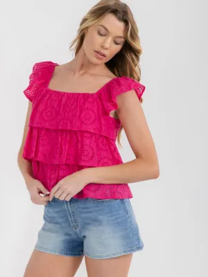 WOMEN'S SLEEVELESS TIERED EYELET RUFFLE DETAILED TANK TOP