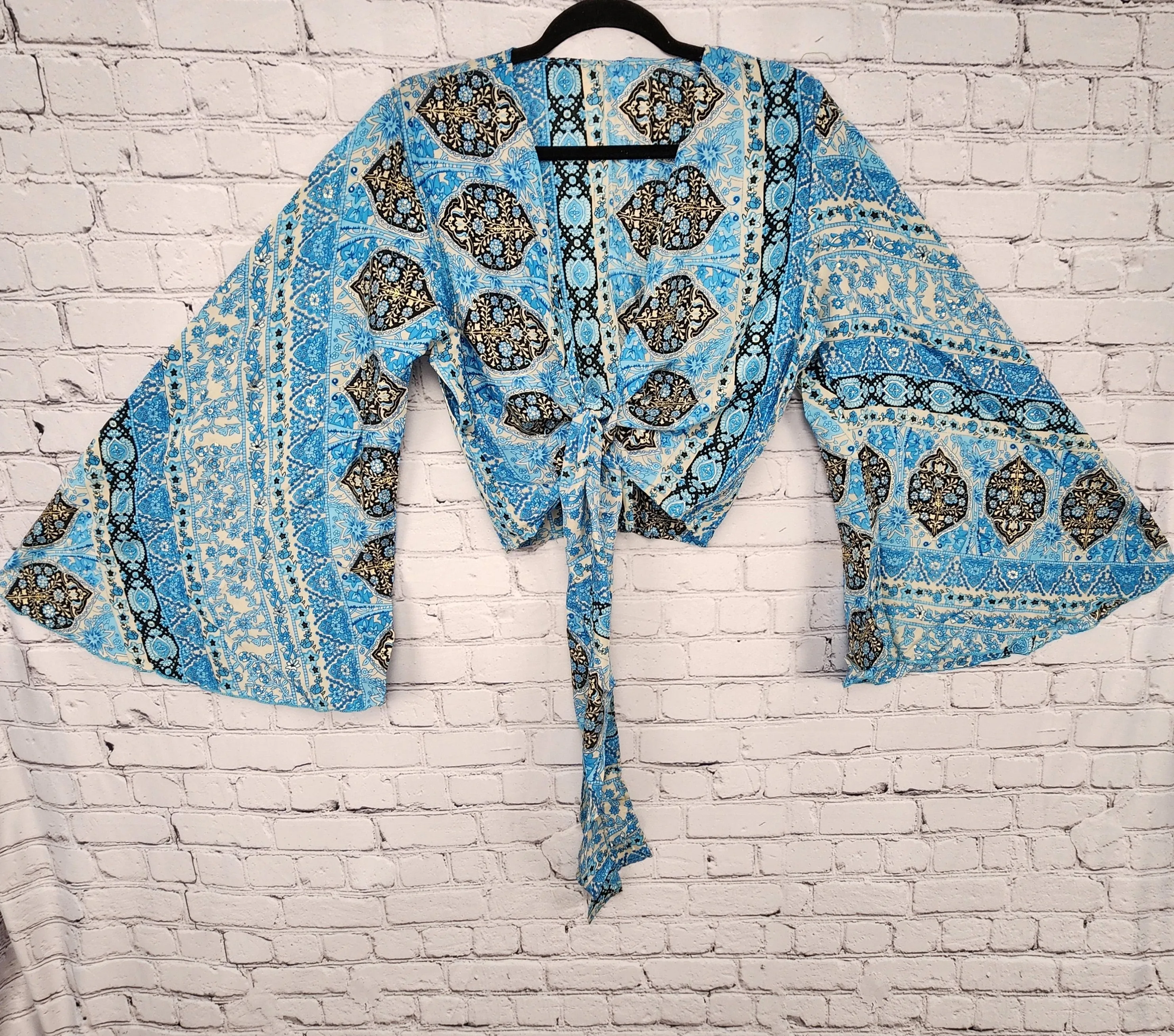 Wrap Top 70s Festival /Bell Sleeve Crop Top/Tie front bell sleeve top/festival crop top/front tie front or back crop/Silk Crop top/Bohemian/