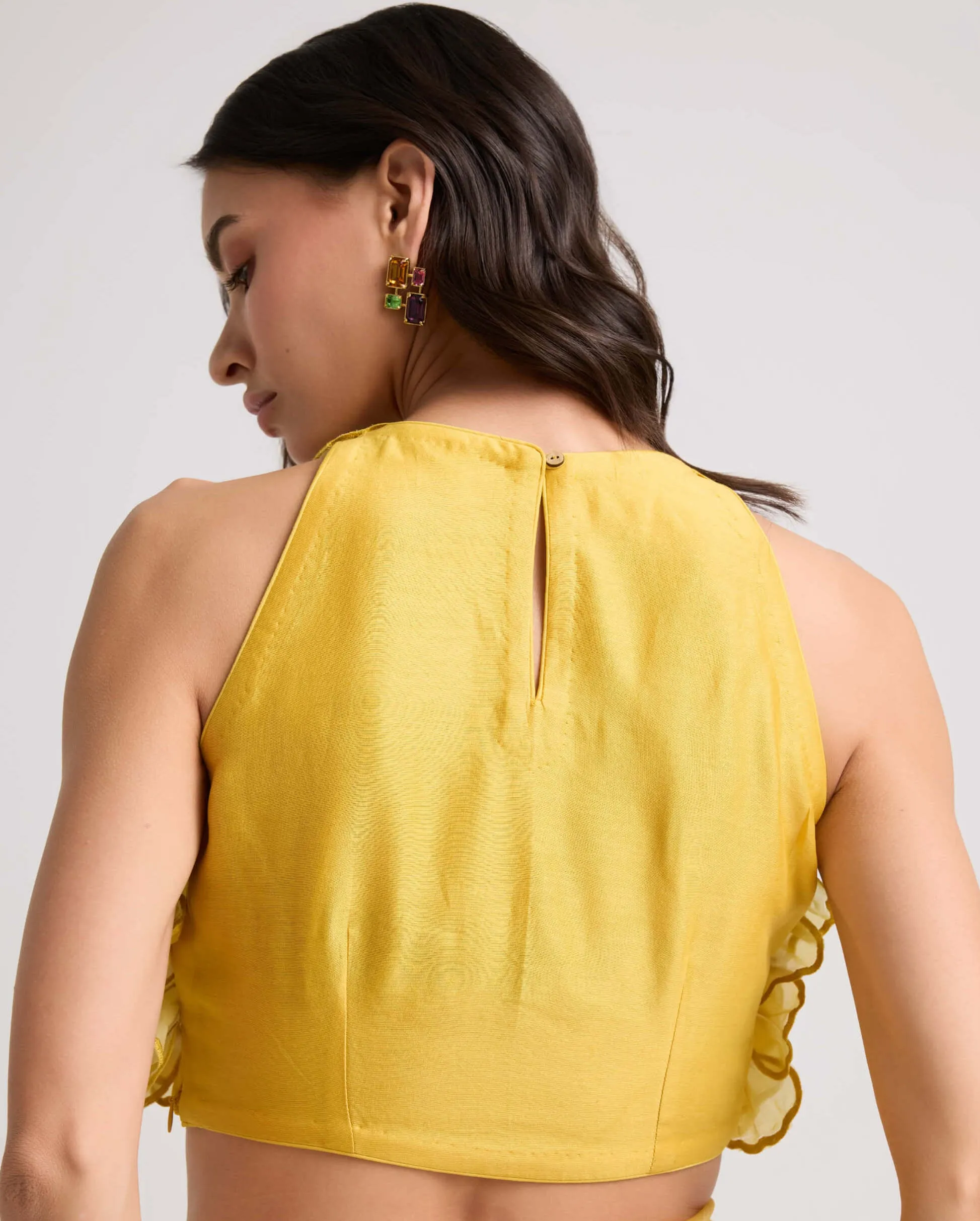 Yellow shaded dahlia applique top