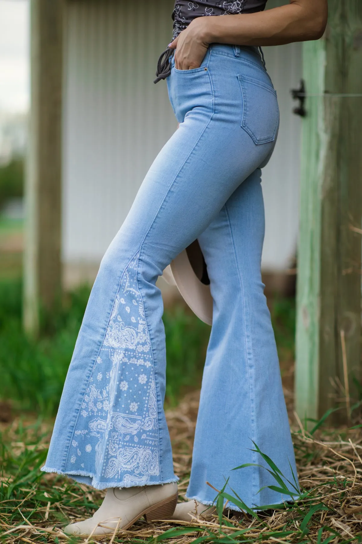 YMI Light Wash Paisley Print Panel Flare Jeans
