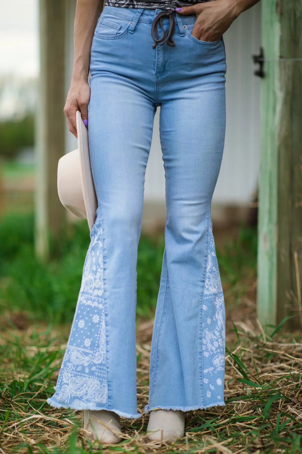 YMI Light Wash Paisley Print Panel Flare Jeans